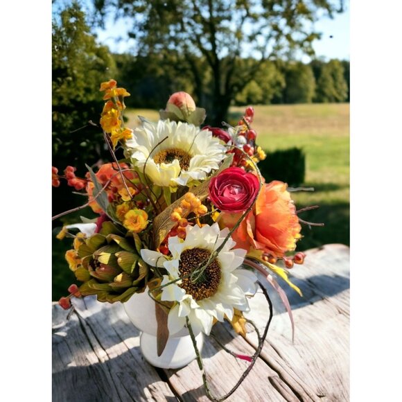 Autumn Artificial Floral Centerpiece With Sunflowers & Ranunculus Arrangement Wh - Picture 3 of 9